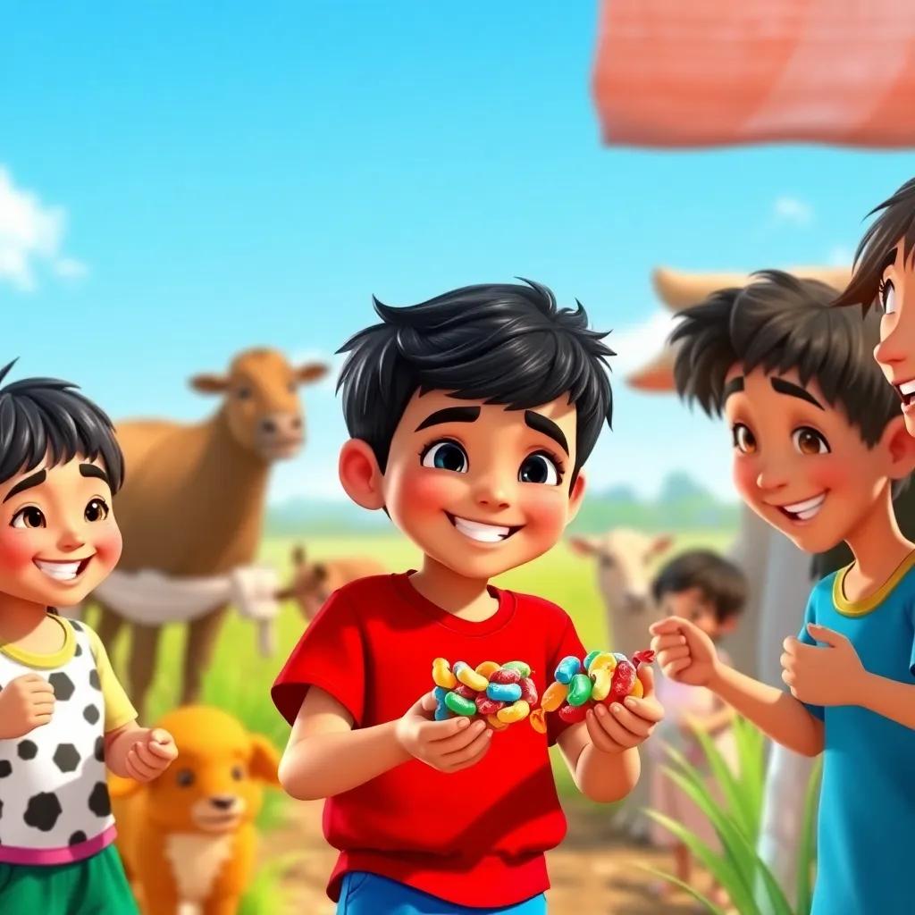 Amin, a young Arab boy, with short black hair, wearing a red shirt and blue shorts, sharing colorful candies with his friends in the farm, everyone happy and smiling, bright and sunny, vibrant colors, joyful moment, high quality
