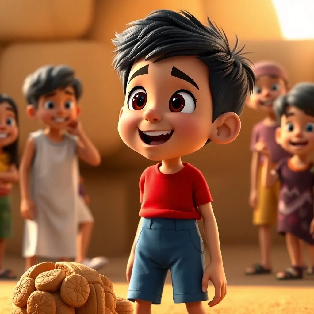 Amin, a young Arab boy, with short black hair, wearing a red shirt and blue shorts, looking excitedly at his friends while shouting about his treasure, cheerful, warm light, friendly vibe, digital art, high quality