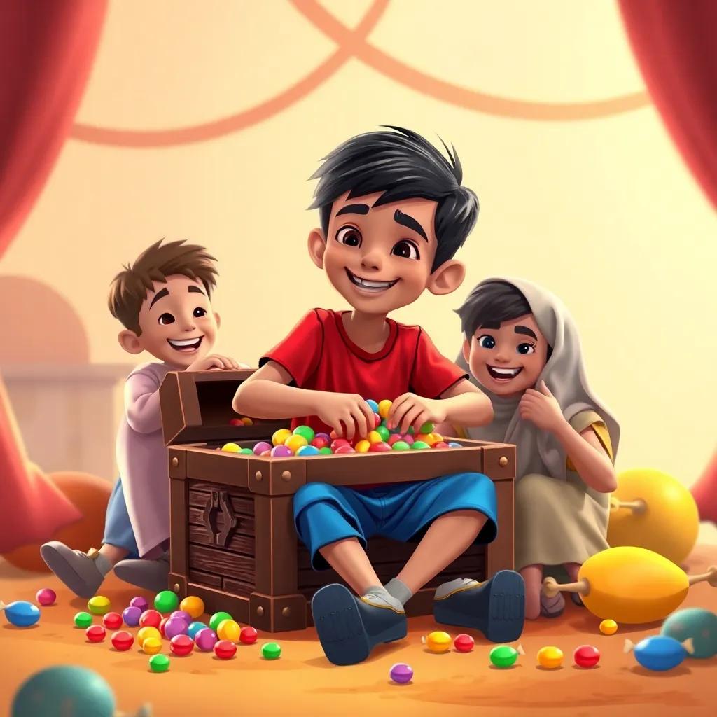 Amin, a young Arab boy, with short black hair, wearing a red shirt and blue shorts, sitting with his friends around a treasure chest laughing and enjoying colorful candies, fun scene, beautiful colors, inviting atmosphere, high quality