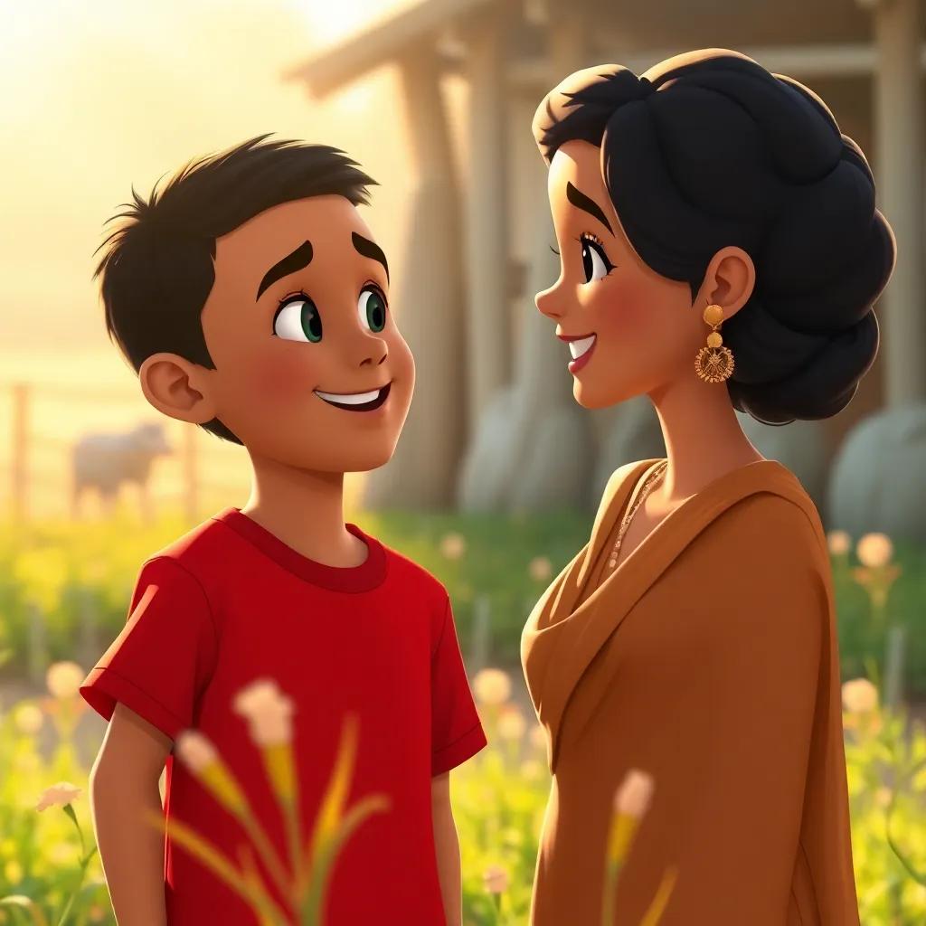 Amin, a young Arab boy, with short black hair, in a red shirt and blue shorts, telling his mom about his adventures while she smiles, surrounded by bright farm background, warm light, nurturing ambiance, high quality