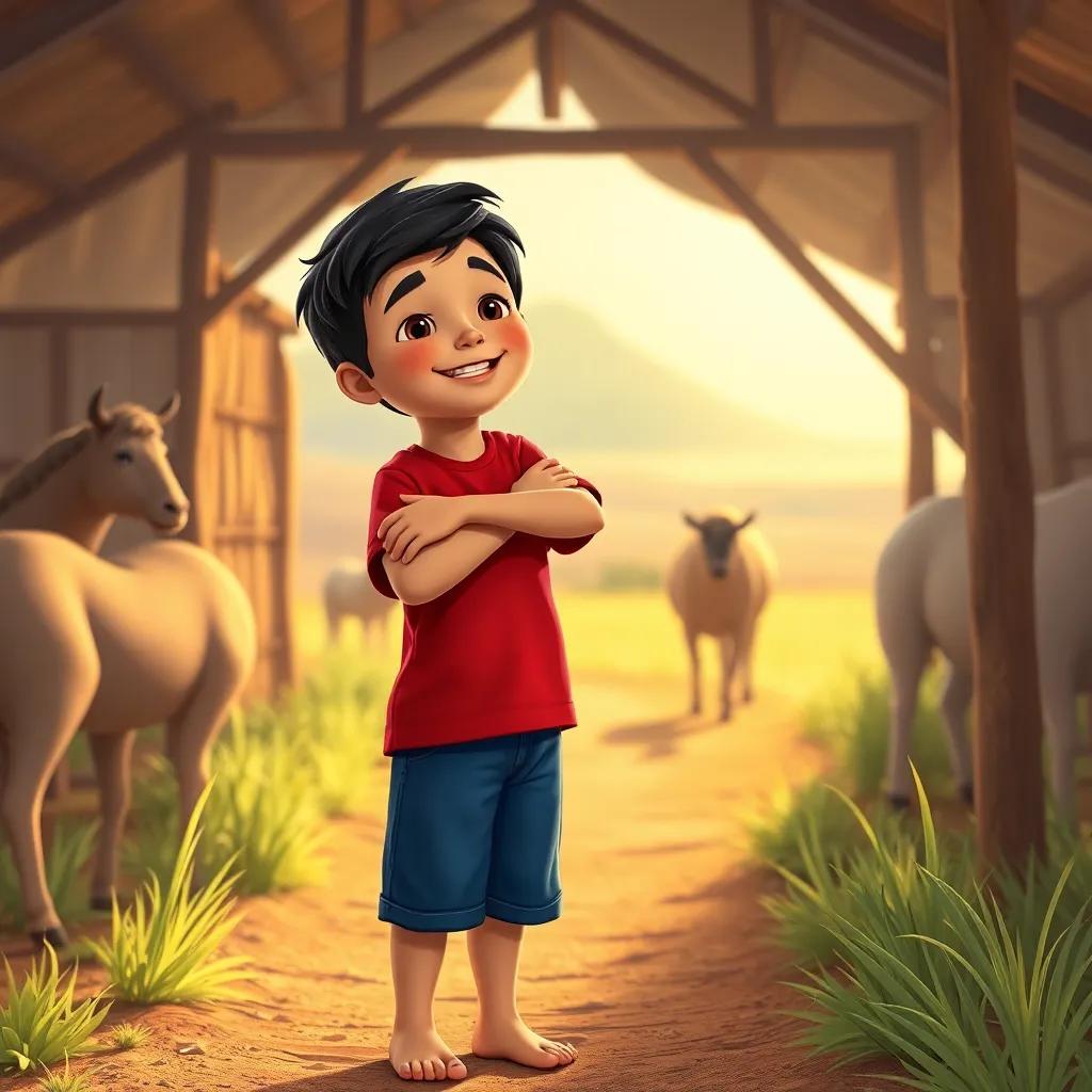 Amin, a young Arab boy, with short black hair, wearing a red shirt and blue shorts, happily hugging his mom in the farm after sharing his lessons, joyful and warm scene, rich colors, heartwarming, high quality