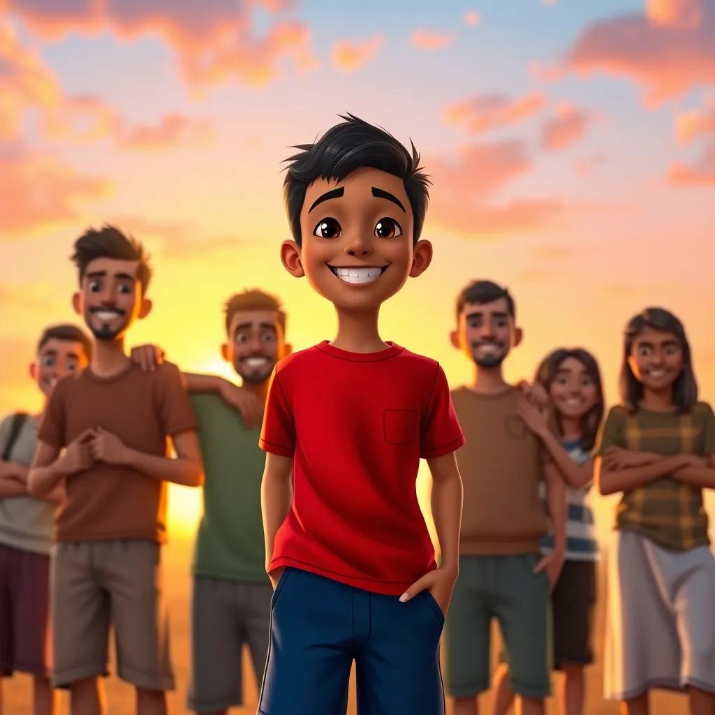 Amin, a young Arab boy, with short black hair, wearing a red shirt and blue shorts, proudly smiling with his friends at sunset, showing unity and joy, colorful sky, warm and cheerful atmosphere, high quality