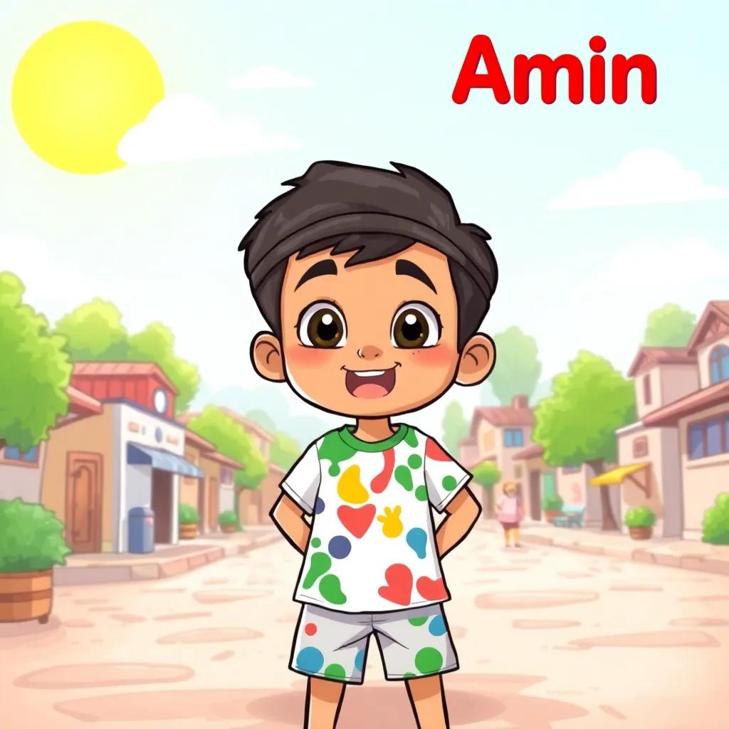 A young Arabic boy, Amin, curious and excited, wearing a colorful t-shirt and shorts, standing in a small town, with a bright sunny sky and trees around him, digital art, cheerful, vibrant colors, inviting atmosphere, high quality