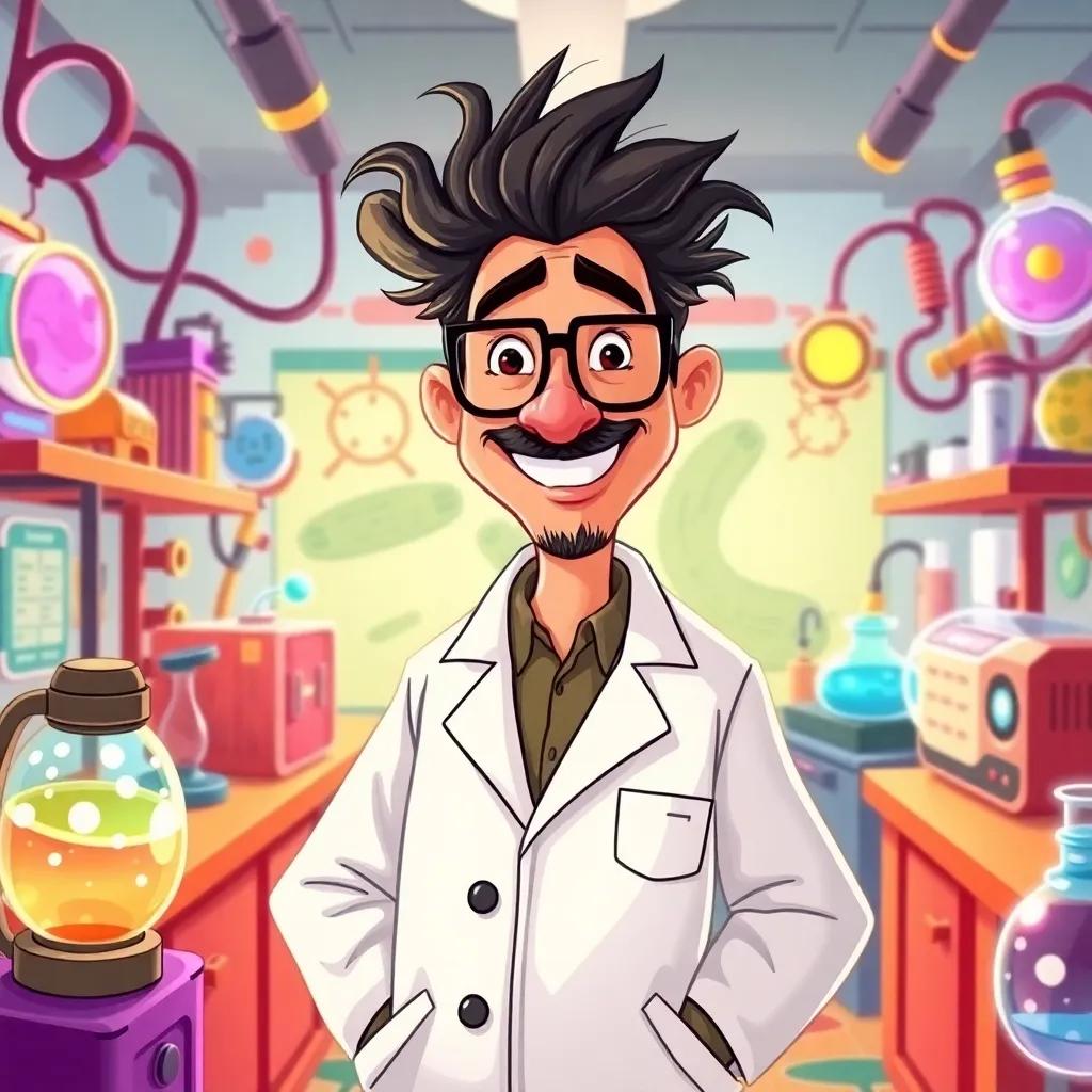 Dr. Fouad, a quirky scientist with thick glasses and wild hair, wearing a lab coat, smiling at Amin in a colorful sensory lab filled with strange gadgets and bright lights, digital art, child-friendly, fun science theme, high quality