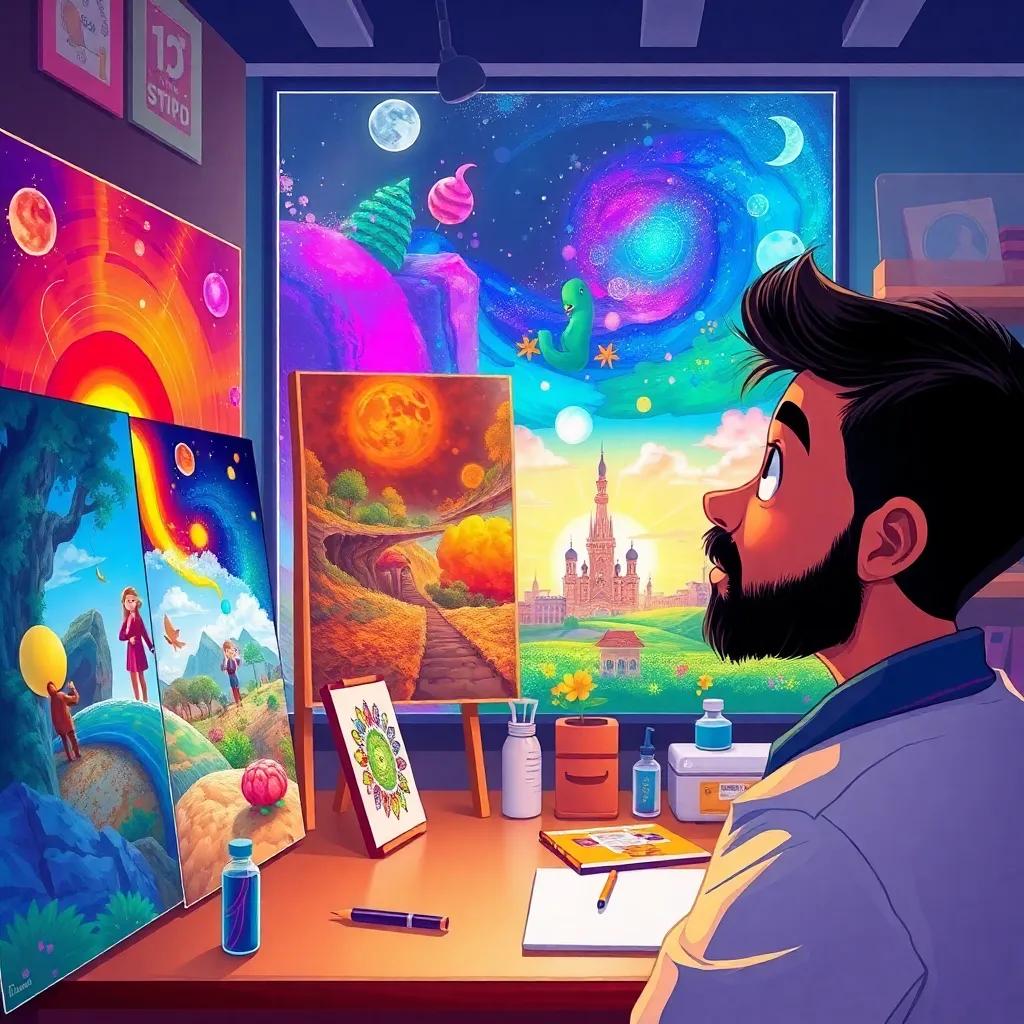 Amin looking at beautiful paintings in the lab, with vibrant colors and imaginative stories behind them, feeling amazed, digital painting, vivid colors, inspiring atmosphere, high quality