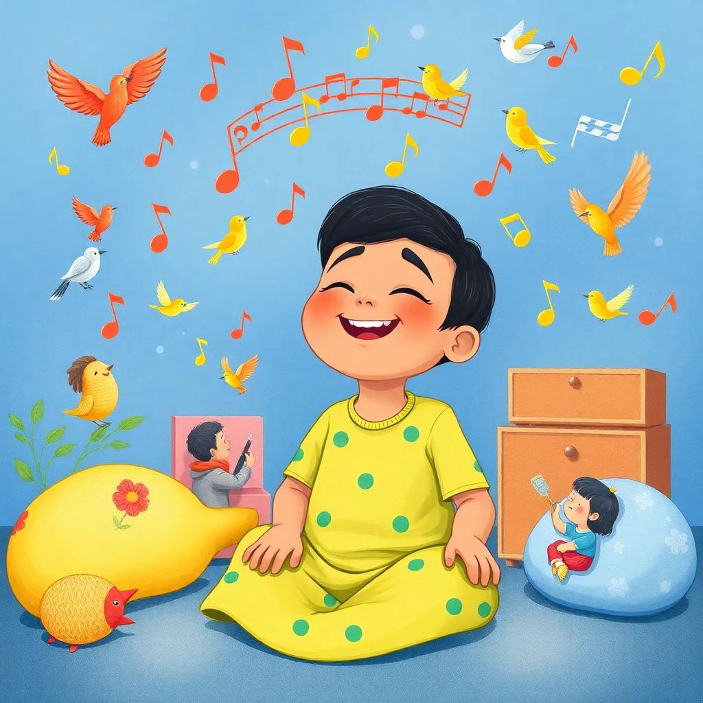Amin sitting with closed eyes in the sound room, surrounded by musical notes and images of birds and children playing, smiling in delight, illustration, colorful and magical, child-friendly, high quality