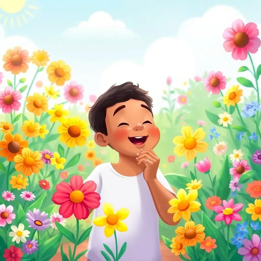 Amin excitedly smelling flowers of different colors in the scent room, with a backdrop of a beautiful garden, vibrant and sunny, digital art, uplifting atmosphere, heartwarming, high quality