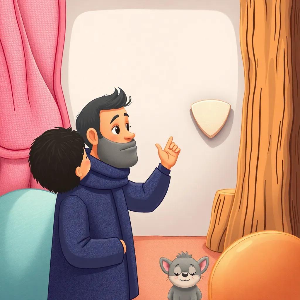Amin touching various textures, from soft fabrics to rough wood, in the touch room, showcasing a sense of discovery and curiosity, digital illustration, friendly and engaging, high quality