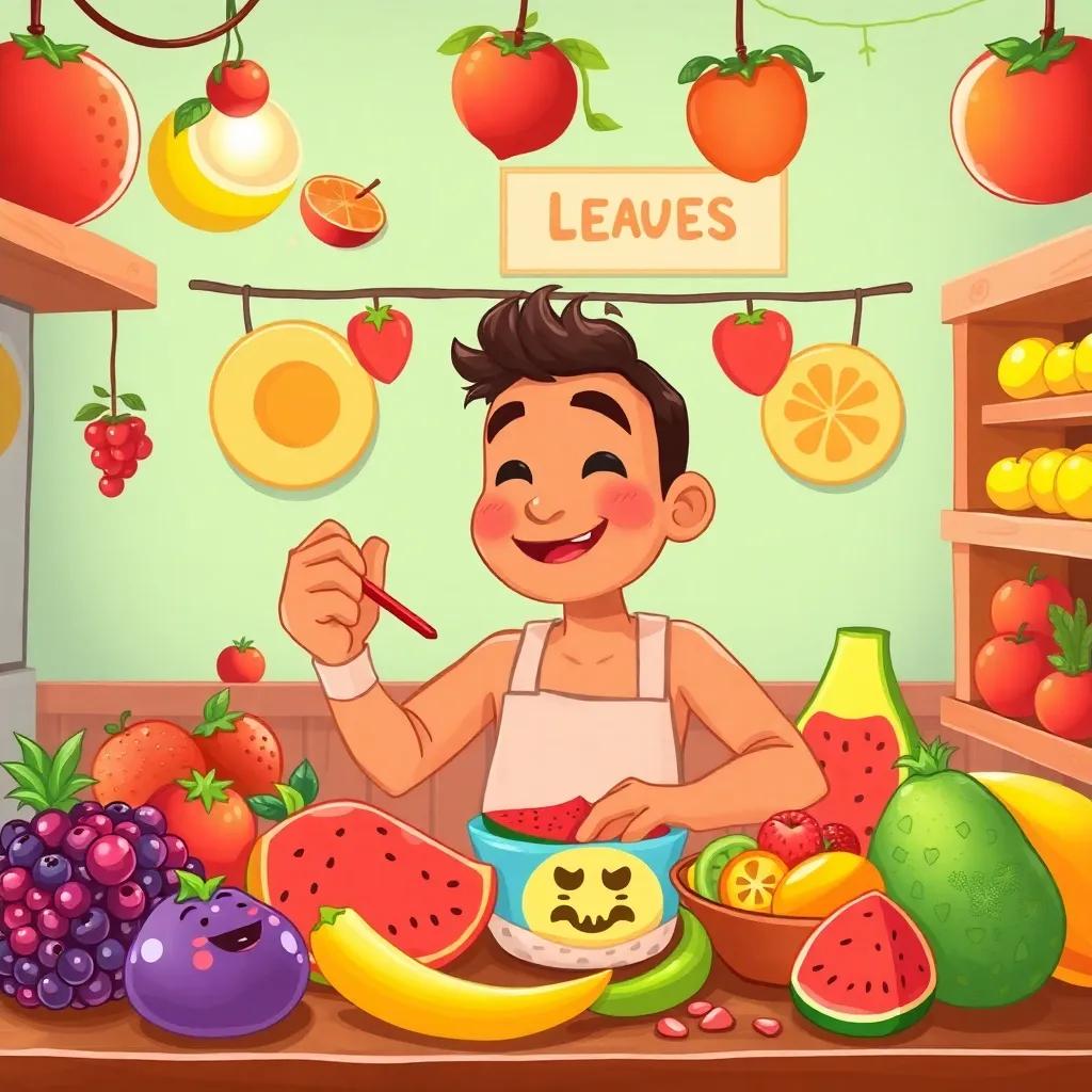 Amin tasting colorful fruits in the taste room, with a cheerful expression and bright fruit designs, digital art, playful and fun, inviting atmosphere, high quality