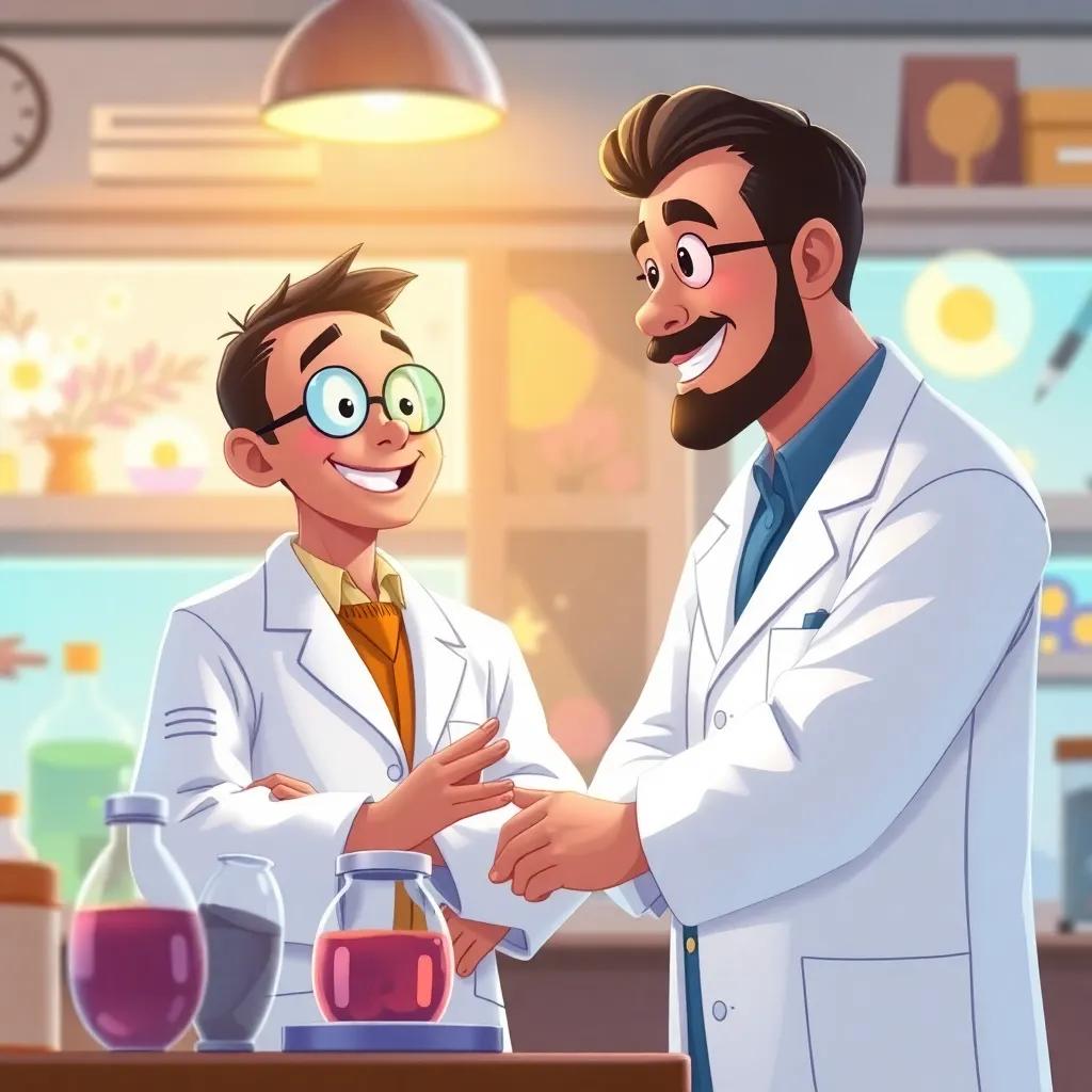 Amin smiling at Dr. Fouad, realizing the magic of using senses together, in a brightly lit lab full of scientific wonders, digital art, warm colors, inspiring friendship, high quality