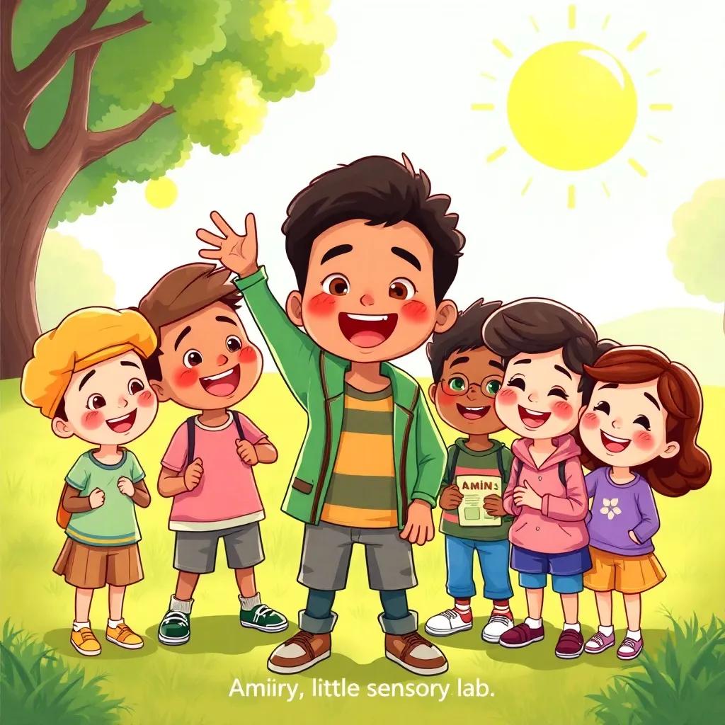 Amin gathering his friends excitedly in a park, with enthusiasm for their little sensory lab, bright sun and cheerful atmosphere, illustration, vibrant colors, engaging, high quality
