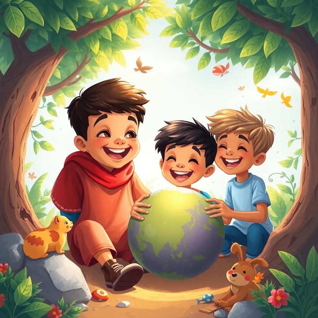 Amin and his friends having fun exploring the world with their senses, laughing and playing together, surrounded by nature and joyful surroundings, digital painting, colorful and lively, high quality