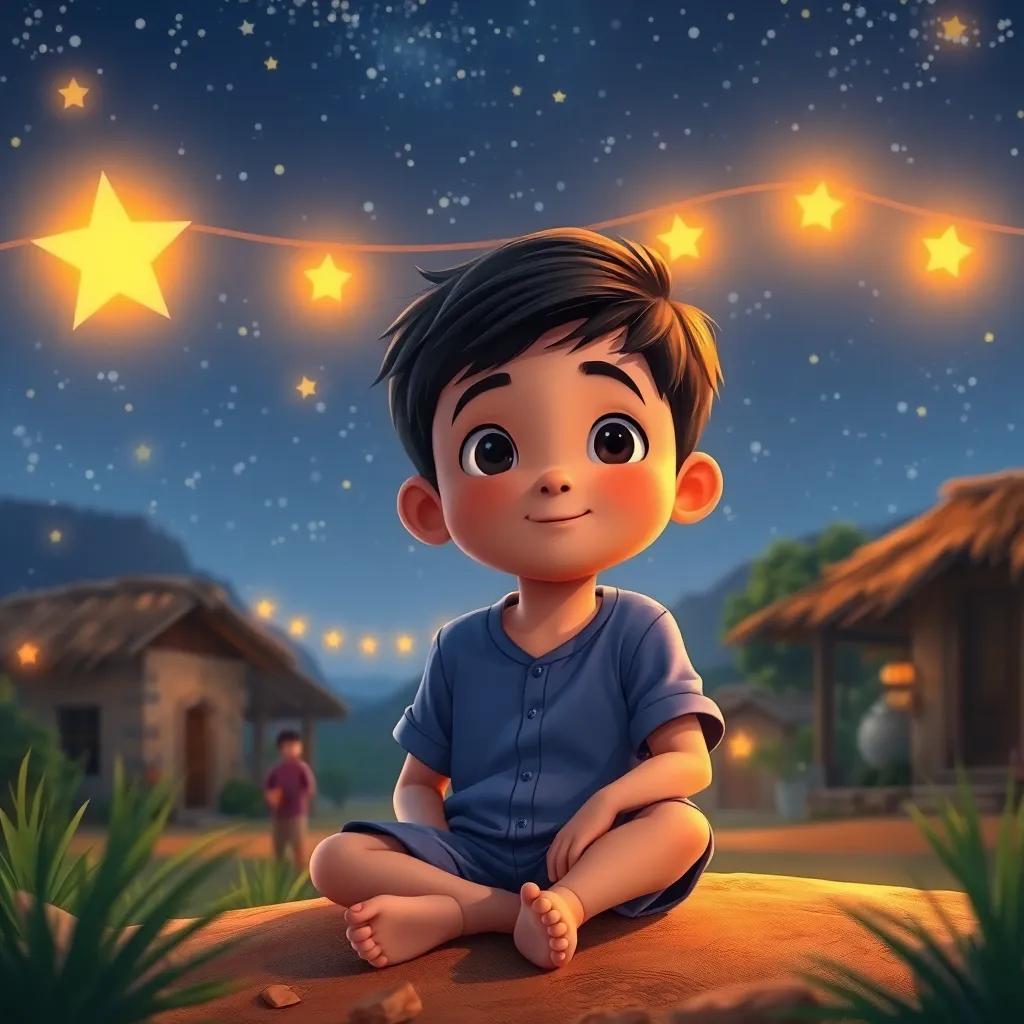A young boy, Amin, with short black hair, wearing a simple blue shirt and shorts, sitting under a starry sky in his small village, filled with bright stars and the gentle sounds of nature, digital art, cozy atmosphere, warm colors, inviting perspective, child-friendly, high quality