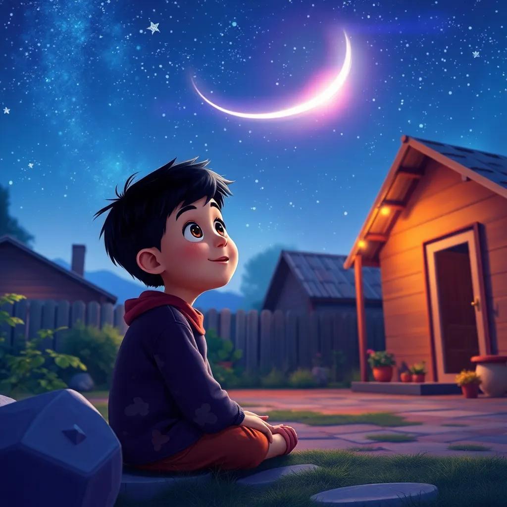 A little boy, Amin, with short black hair, sitting in his backyard, looking up at a strange moving light in the starry sky, with excitement on his face, surrounded by the quiet of the village, digital painting, whimsical, vibrant colors, bright night sky, enchanting atmosphere, high quality