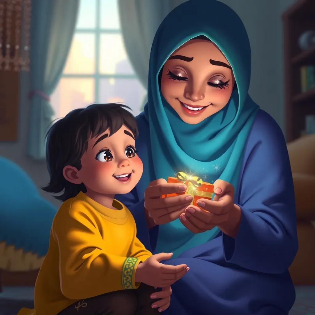 A mother returning home with a shiny gift from Hajj, eyes sparkling with joy, sitting with her child in a warmly lit room, storytelling moment, uplifting and heartwarming, vibrant colors, high quality