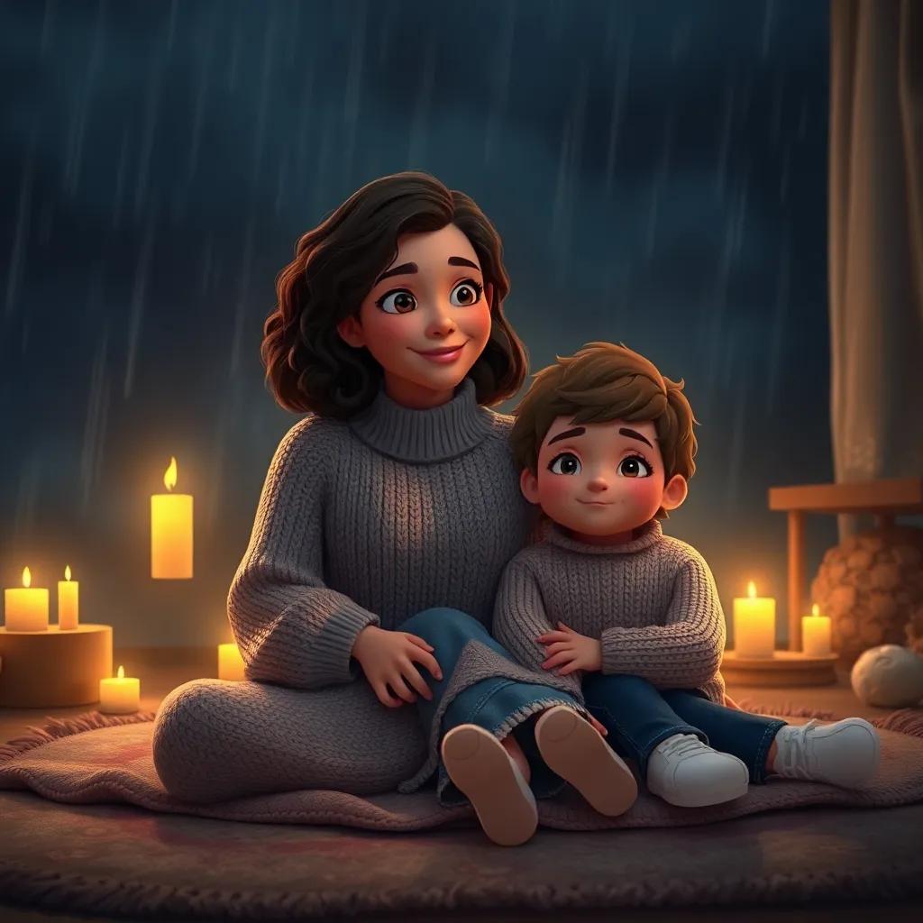 A mother with warm brown skin and shoulder-length curly hair, wearing a cozy sweater, sitting on a comfy rug with her two children during a stormy night, surrounded by dim candlelight, warm atmosphere, digital art, enchanting, soft colors, inviting feel, high quality