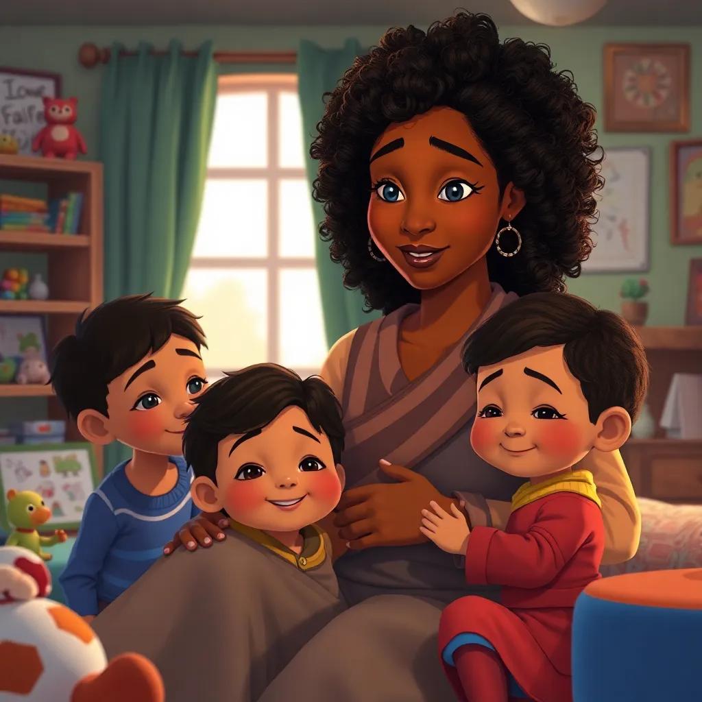 A determined mother with warm brown skin and curly hair, comforting her children during a war, a cozy room filled with toys and drawings, storytelling scene, vibrant colors, hopeful tone, heartwarming, child-friendly