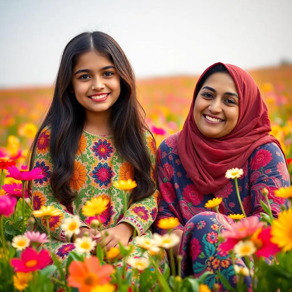 A young Arab girl, Mariam, with long, dark hair, wearing a colorful dress, sitting in a blooming flower field with her mother, Leila, smiling, warm sunlight, vibrant colors, cheerful atmosphere, high quality