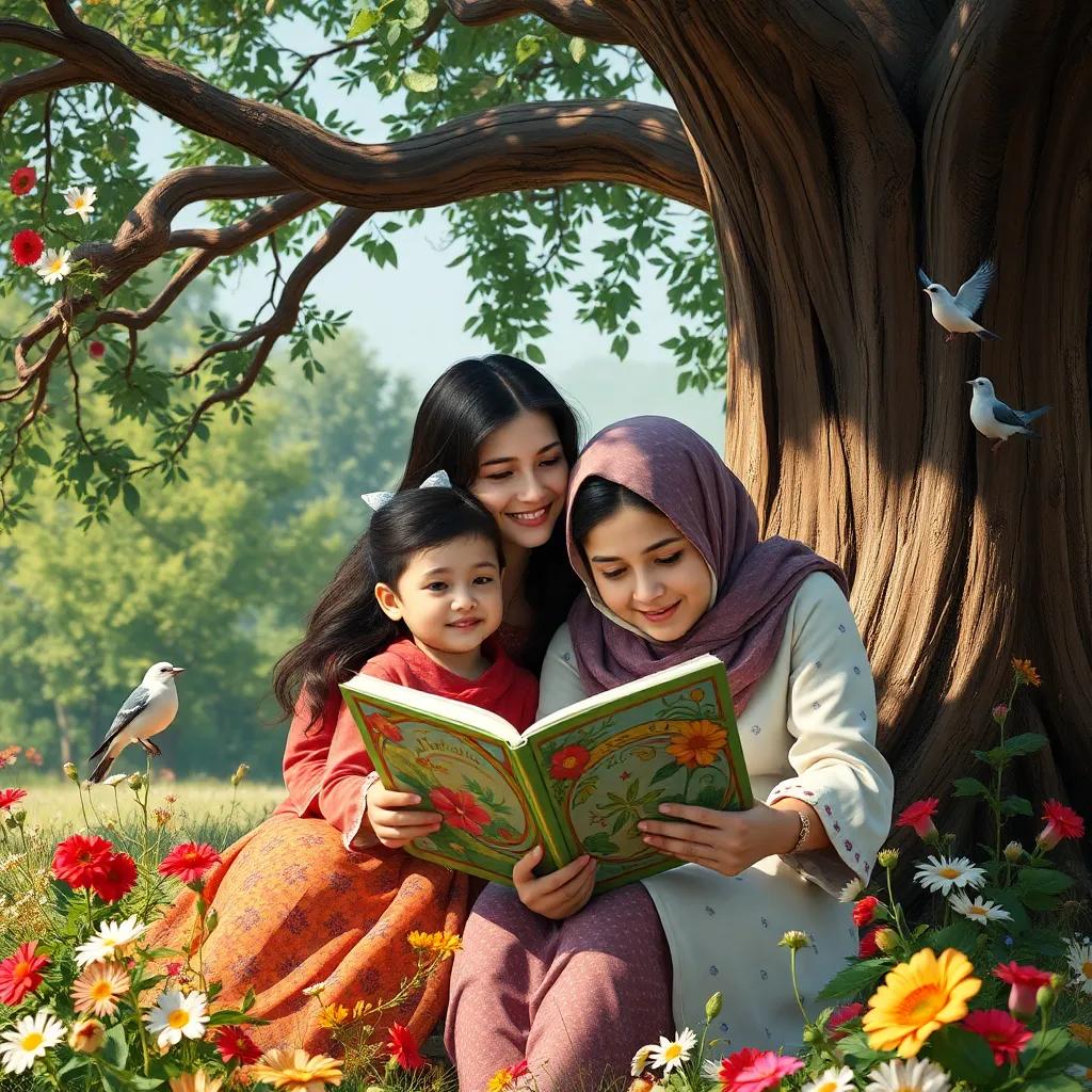 A mother, Leila, sitting with her daughter Mariam, reading a colorful book under a big tree, surrounded by flowers and birds, happy expressions, inviting atmosphere, detailed digital art