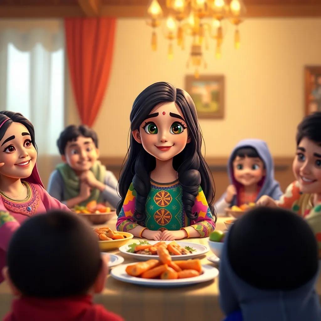 Fatima, a young Arab girl with long, dark hair in a colorful dress, sitting at a dinner table surrounded by her family, with food on the table, colorful and inviting, cheerful, family gathering scene, high quality