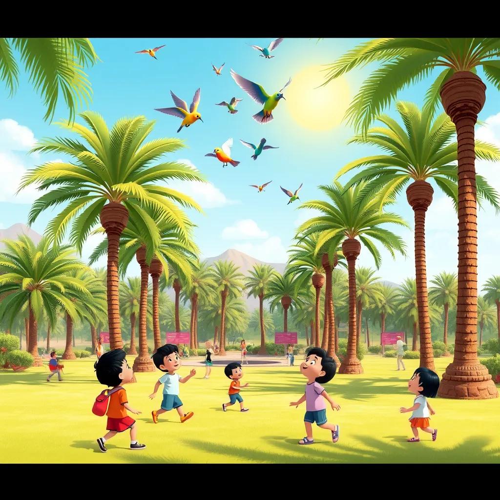 A sunny day in a park in Oman, with green trees and palm trees, children playing and colorful birds singing above them, cheerful and lively scene, illustration, bright colors, happy mood