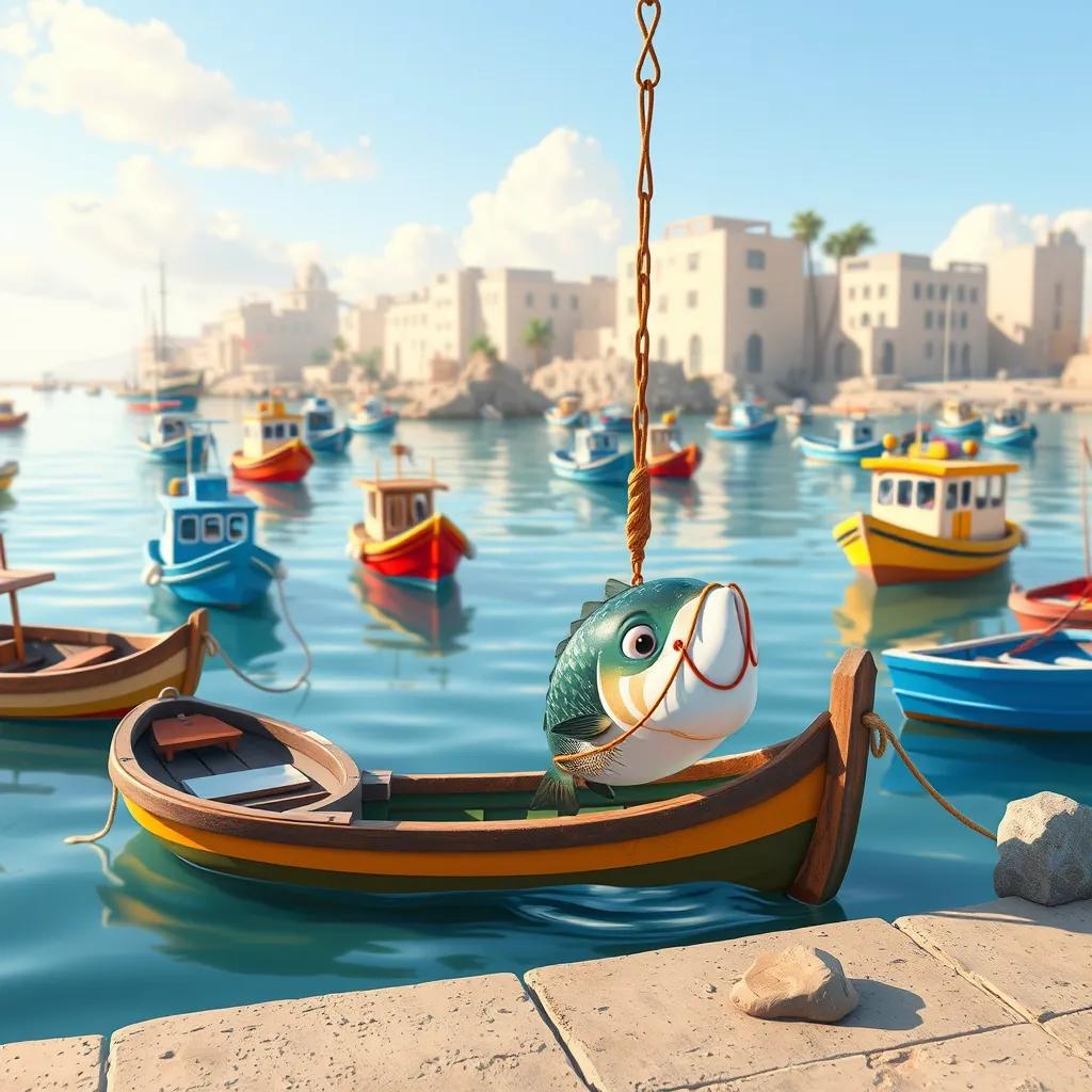 A lively harbor in Oman with small boats on the water, showcasing different colors of the boats and a large fish being caught, cute and funny, illustration, colorful and engaging