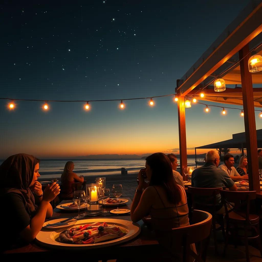 An outdoor restaurant near the beach in Oman at sunset, people enjoying dinner and fish, illuminated by stars above, cozy romantic atmosphere, digital art, warm light, inviting