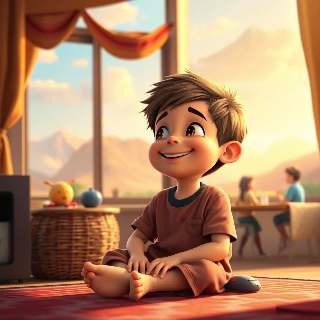 A happy child sitting at home, thinking about the wonderful moments in Oman with mountains and friends around, reflecting joy, colorful, delightful ambiance, high quality