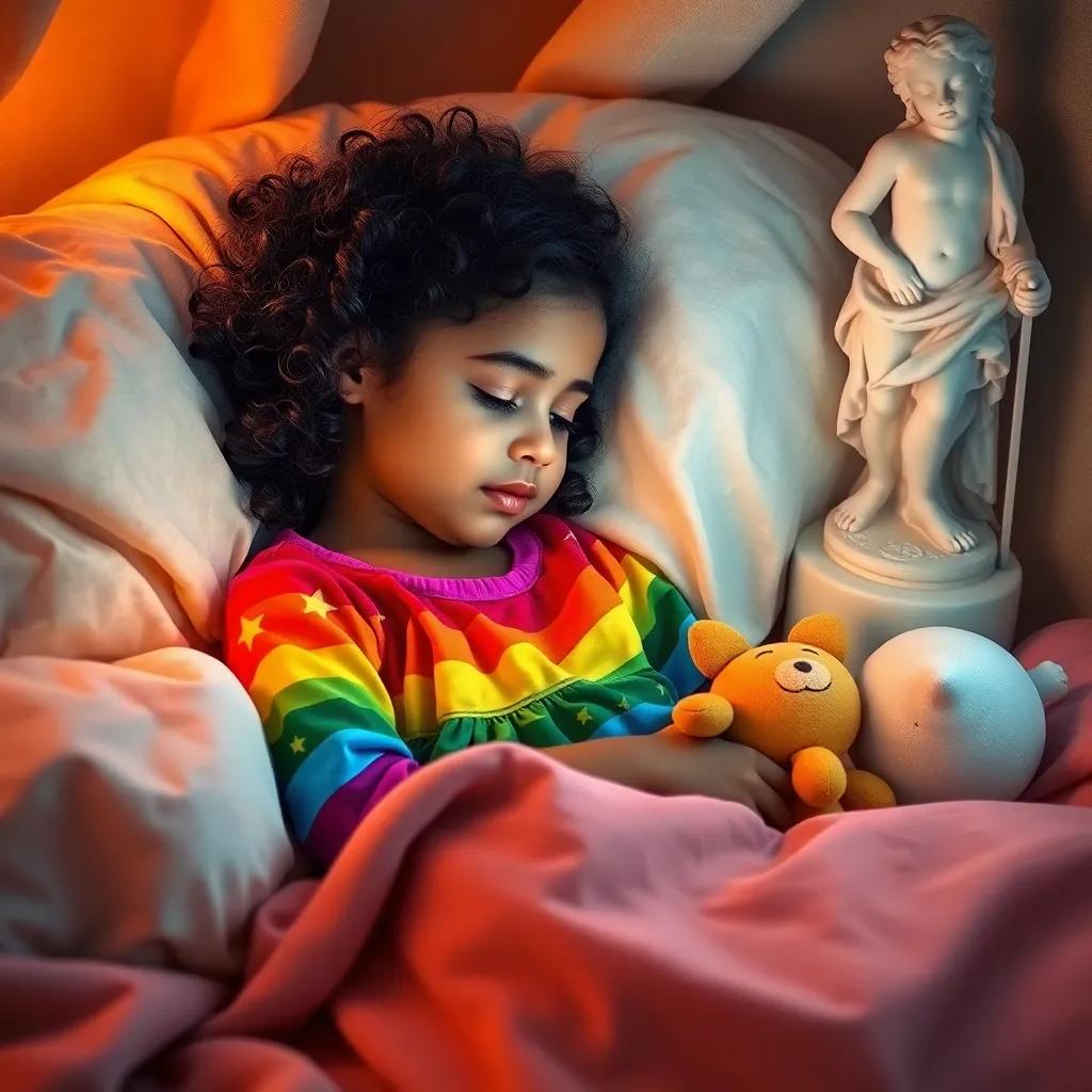 Najwa, a young Arab girl, with curly black hair wearing a rainbow dress, snuggling in her cozy bed with stars and moons on the blanket, surrounded by soft toys, warm light, soothing colors, peaceful atmosphere, storytelling view, child-friendly