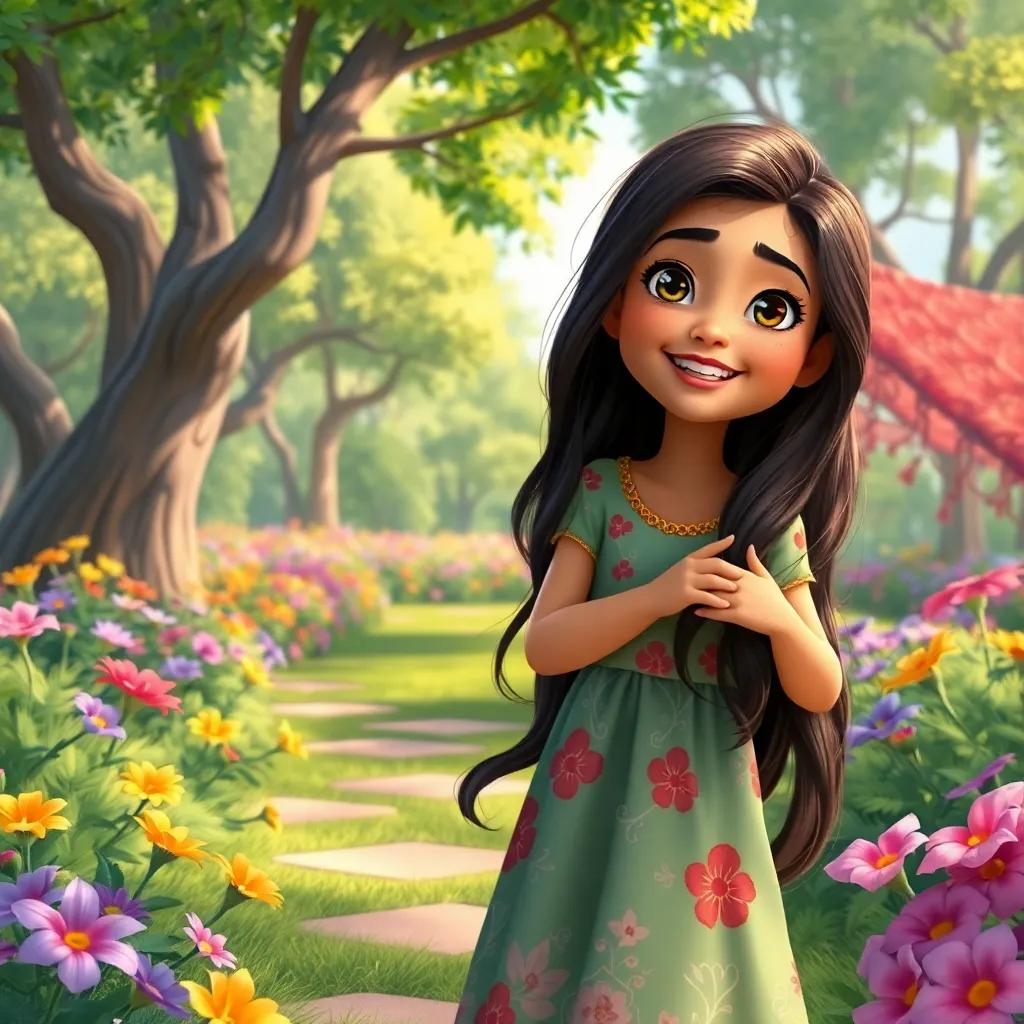 A young Arab girl, Sara, with long, dark hair, wearing a colorful dress, playing in a beautiful garden with trees and colorful flowers, digital art, detailed, cheerful atmosphere, bright colors, high quality
