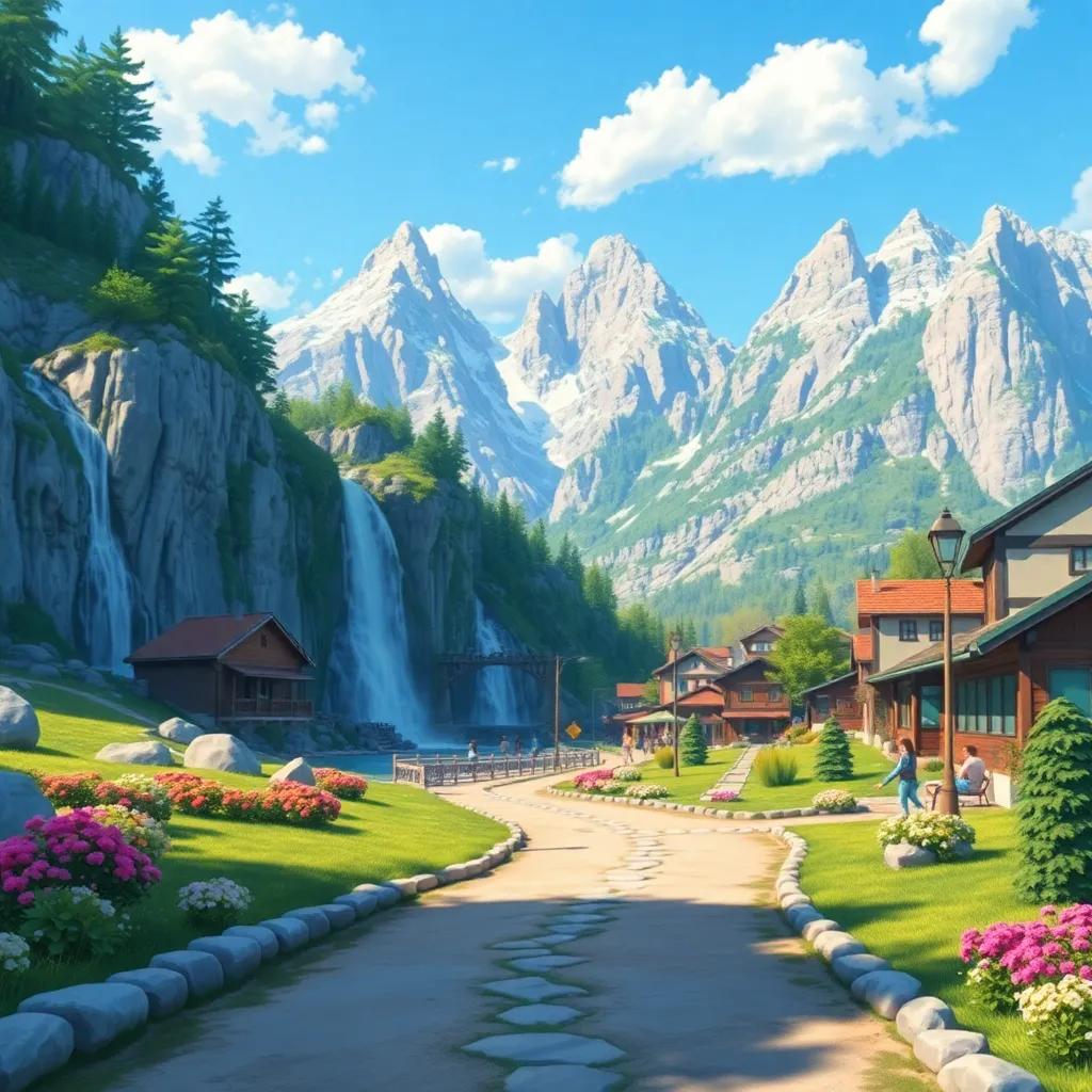A picturesque view of a scenic tourist area with beautiful waterfalls and mountains in a small village, depicting a clean path leading to the waterfalls, digital art, bright and inviting, colorful