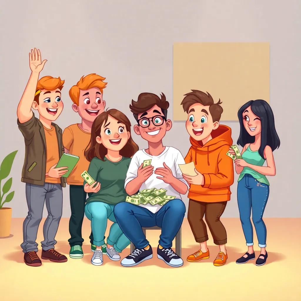 A group of happy friends working together, collecting money and discussing plans, wearing casual clothes, expressing excitement and teamwork, warm lighting, friendly vibe, illustration