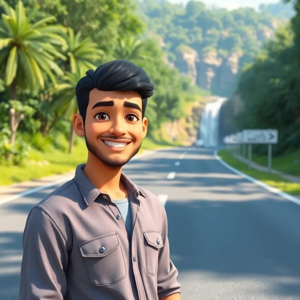 Rashid, a young Arab man with short black hair, wearing a casual shirt, proudly standing by a newly paved road with signs pointing to the waterfalls, lush greenery around, cheerful expression, bright day