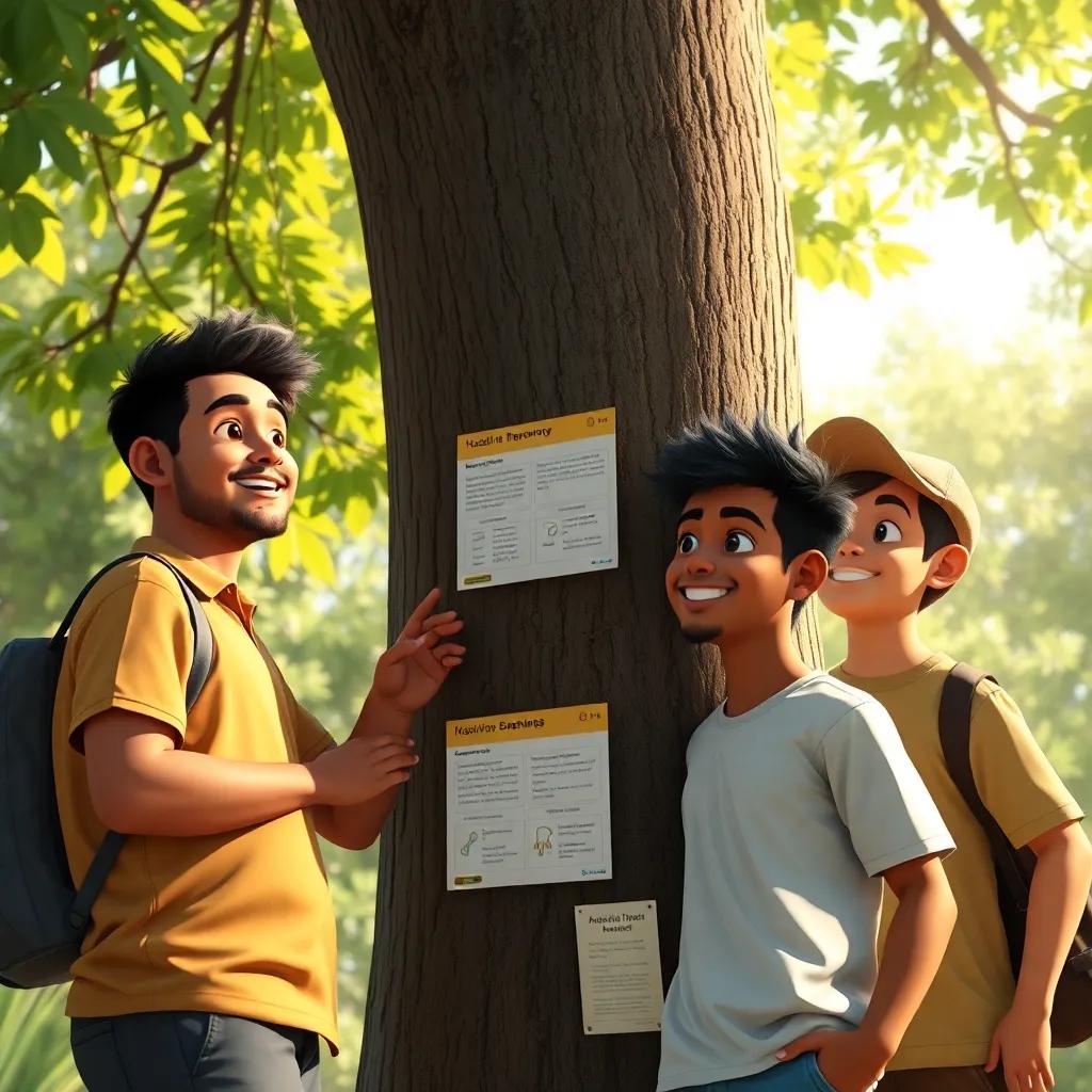 Rashid and his friends installing informative signs on a tree, smiling and focused, wearing casual summer clothes, nature in the background, sunlight shining through leaves, engaging scene