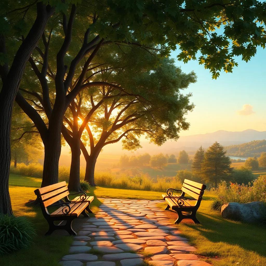 A cozy resting area with comfortable benches placed under trees, a beautiful view of the nature around, inviting atmosphere, digital painting, warm sunset light, high quality