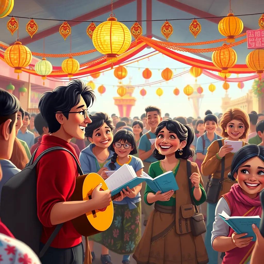 A lively cultural event with people enjoying music and poetry, colorful decorations, people of various ages and backgrounds, joy and celebration in the air, digital art, festive