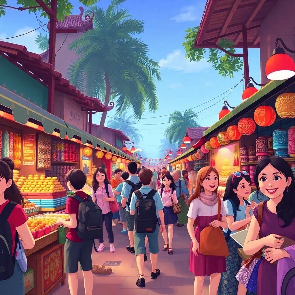 A bustling tourist area with visitors exploring, local artisans selling handmade crafts and traditional foods, vibrant market atmosphere, joyful faces, digital illustration, bright colors