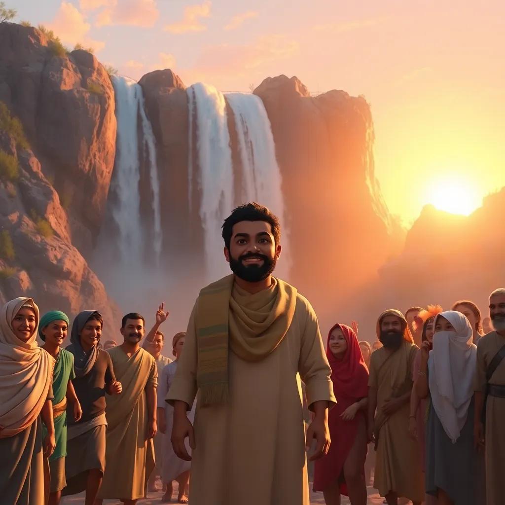 A proud Rashid standing in front of a beautiful waterfall, surrounded by happy villagers celebrating together, sunset light, a sense of achievement and community, warm colors, engaging scene