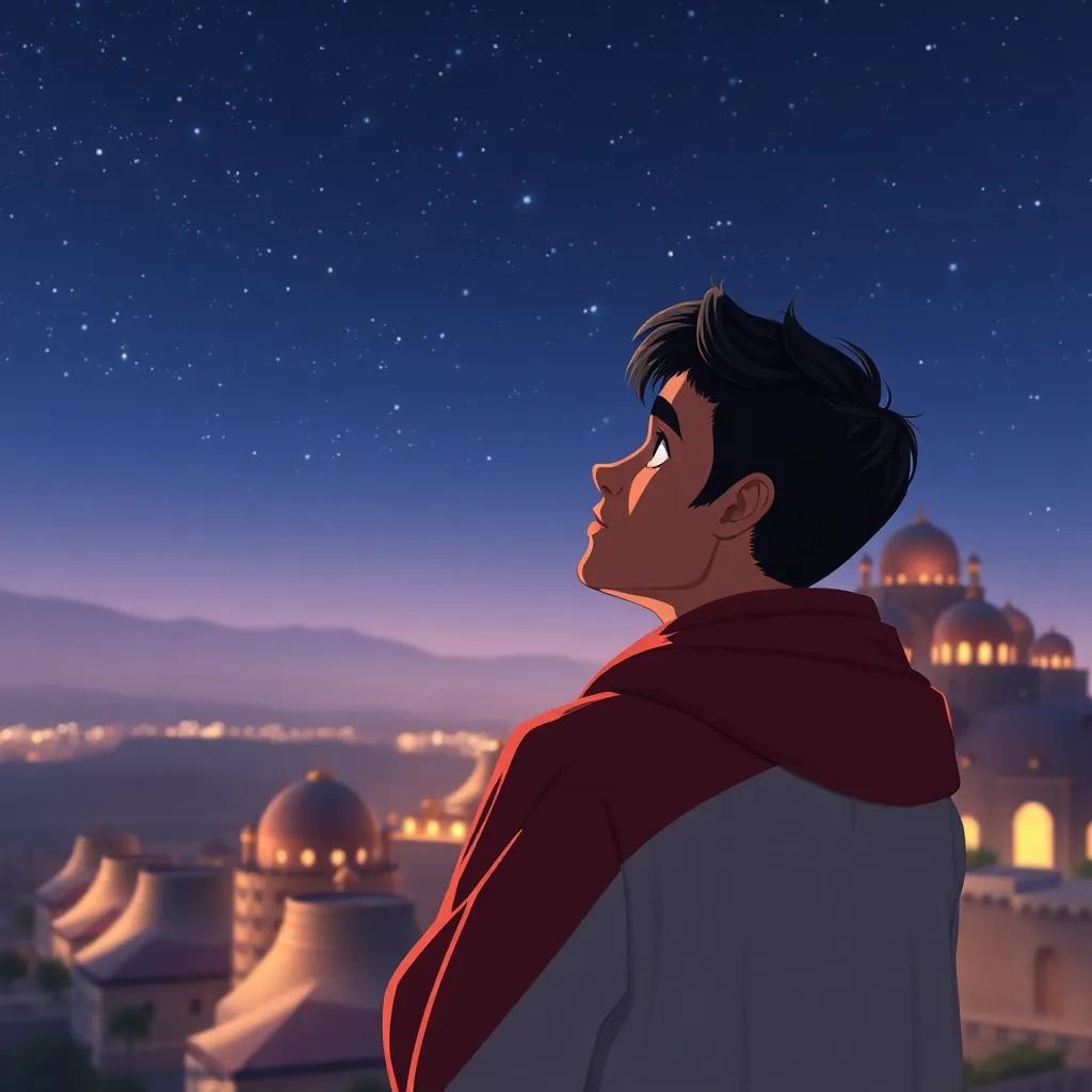Rashid, a young Arab man with short black hair, reflecting on his journey, standing at the viewpoint of the village under a starry sky, feeling proud and fulfilled, digital art, serene atmosphere, high quality