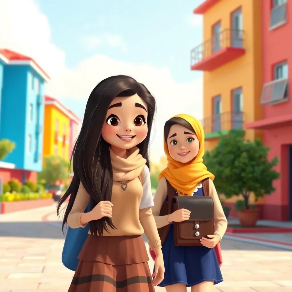 A young Arab girl, Huda, with long, dark hair, wearing a school uniform, walking happily with her friend Sarah on a sunny morning, colorful school buildings in the background, digital art, bright and cheerful colors, inviting atmosphere, high quality