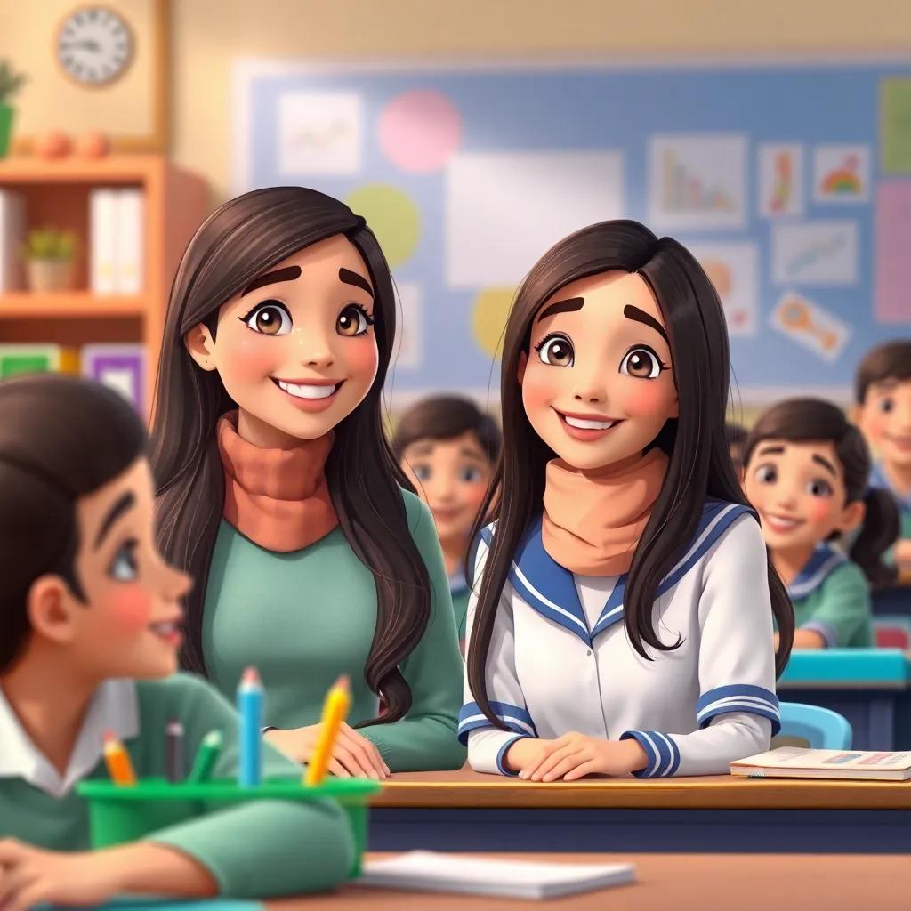 Huda, a young Arab girl with long, dark hair in a school uniform, sitting in class with her teacher Mariam, who has a warm smile, surrounded by colorful classroom items and happy students, cheerful, engaging scene, warm light, vibrant colors, high quality