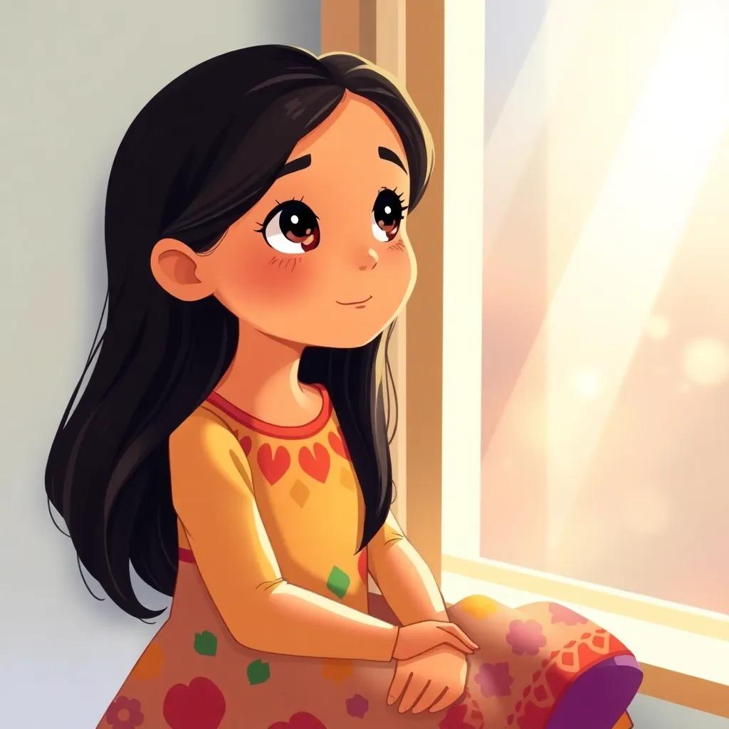 A young Arab girl, Leila, with long black hair, wearing a colorful dress, sitting by the window, looking outside with hopeful eyes, digital art, bright colors, warm lighting, heartwarming atmosphere, high quality