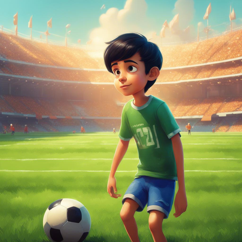 A young boy named Hussam, with short black hair and wearing a blue t-shirt and green shorts, looking at a football field with determination in his eyes, bright sunny day, cheerful atmosphere, vibrant colors, high quality