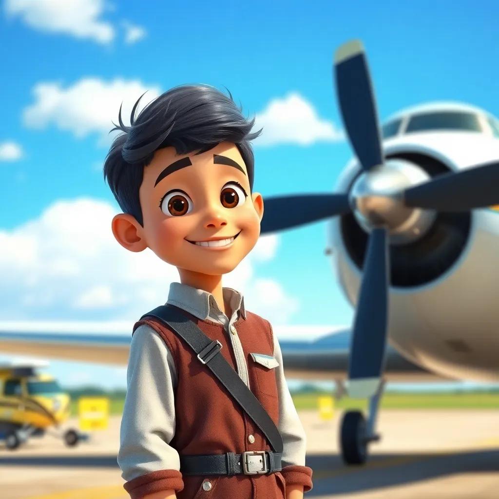 A young Arab boy, Anas, with short, dark hair wearing a pilot uniform, standing next to a large airplane on an airfield, cheerful expression, bright blue sky, digital art, detailed, vibrant atmosphere, playful mood, high quality
