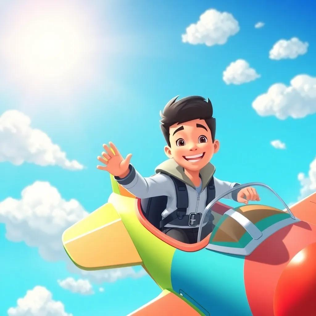 Anas, a young Arab boy with short, dark hair in a pilot uniform, flying high in the sky in a colorful airplane, smiling with joy, surrounded by fluffy clouds, bright sunlight, illustration, cheerful, adventure-themed, child-friendly