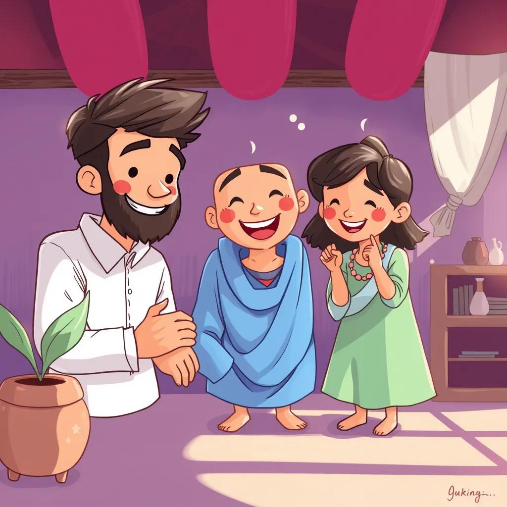 طلاب صغيرون، أطفال عرب، يتراوح أعمارهم بين 7-8 سنوات، يرتدون ملابس ملونة، يجلسون حول سعيد، يستمعون بشغف، مع ضحكات ونشاط في الجو، ألوان دافئة، جو مفعم بالحيوية, cheerful, digital painting