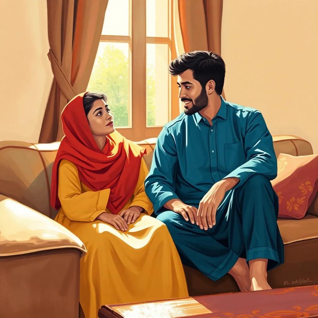 The young Arab boy sitting on a sofa with his mother, talking, detailing their conversation, serene mood, bright sunlight streaming through the window, illustration, warm colors, engaging and cheerful, high quality