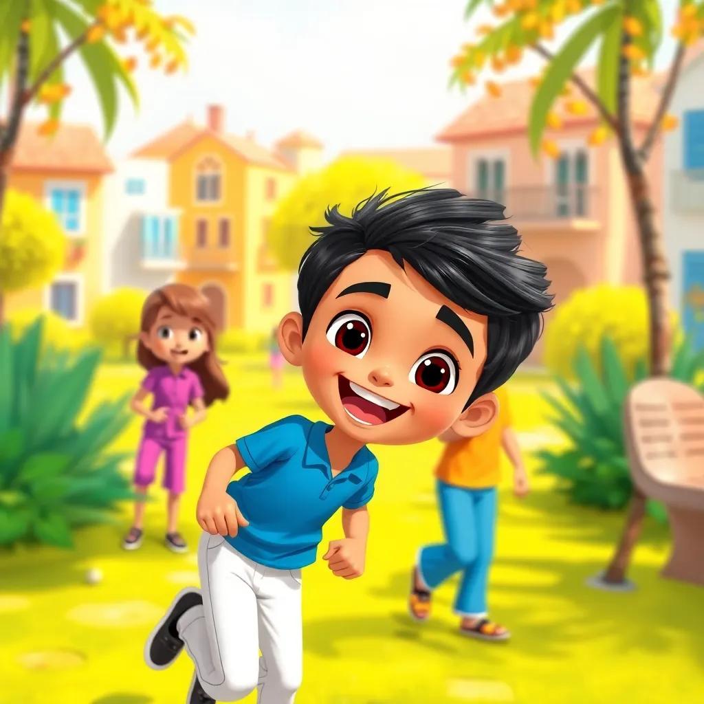 A cheerful young Arab boy, Sami, with short black hair, wearing a blue shirt and white pants, playing with his friends in a sunny village park, illustration, vibrant colors, joyful atmosphere, high quality