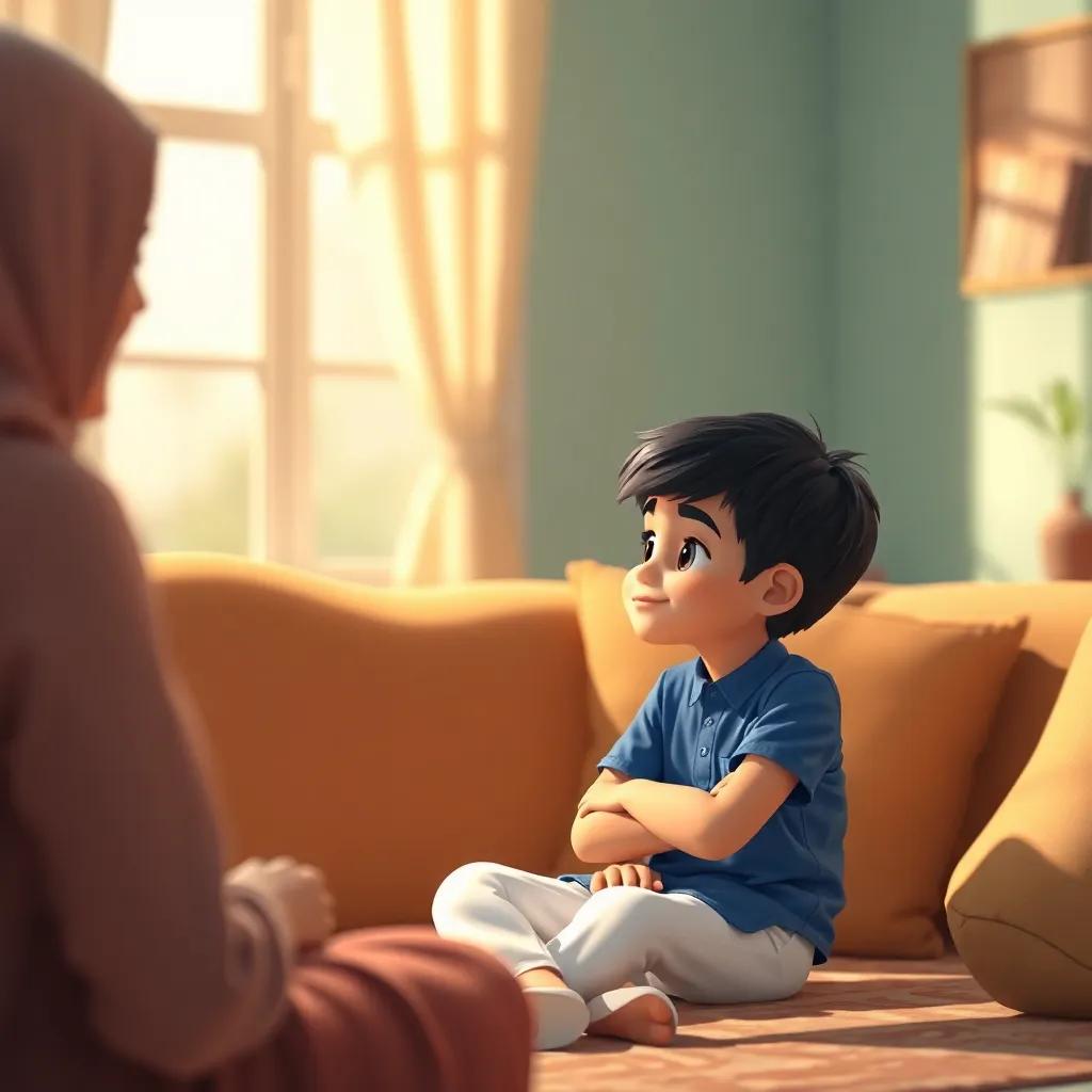 A young Arab boy, Sami, with short black hair, wearing a blue shirt and white pants, sitting at home with his mother, asking her about saving money, warm light, friendly environment, detailed, heartwarming scene, high quality