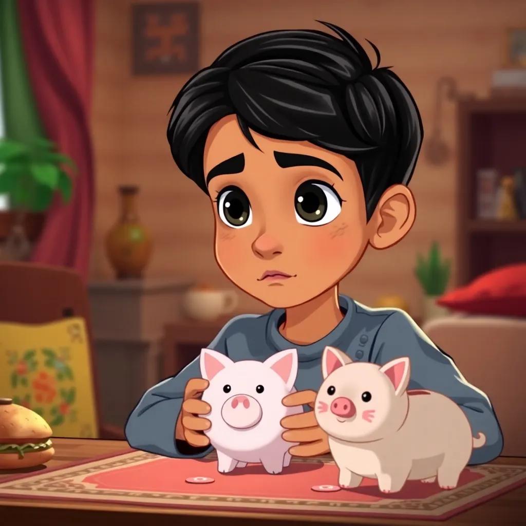 Sami, a young Arab boy, with short black hair, looking thoughtful while holding his allowance money, with a piggy bank in the shape of a cat on the table, cozy home setting, illustration, rich colors, engaging environment, high quality